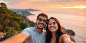 Romantisches Paar bei Sonnenuntergang, budgetfreundliches Reiseziel.