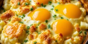 Leckeres Blumenkohlauflauf mit Ei und frischen Kräutern.