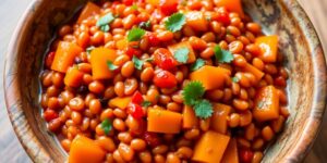 Leckeres Gericht mit roten Linsen und Paprika.