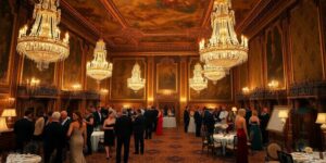 Prunkvolle Ballsaal mit eleganten Gästen im 19. Jahrhundert.