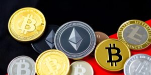 Kryptowährungen auf digitalem Hintergrund mit deutschen Flaggenfarben.