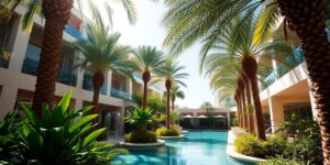 Oase mit Pool und Palmen in Dubai.