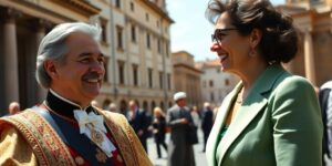 König Charles III. und Giorgia Meloni lächeln freundlich.