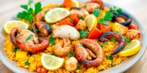 Leckere Meeresfrüchte-Paella mit buntem Gemüse und Huhn.