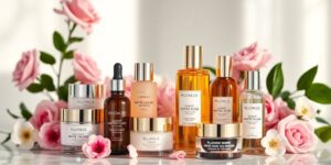 Luxuriöse Hautpflegeprodukte mit frischen Blumen und sanftem Licht.