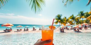 Erfrischende Sommerurlaubsatmosphäre am Strand mit Palmen.