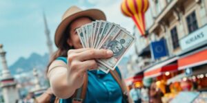 Bargeld und Reisender in einer malerischen Urlaubsumgebung.