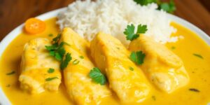 Hühnerfilets in Curry-Rahmsauce mit Gemüse und Reis.