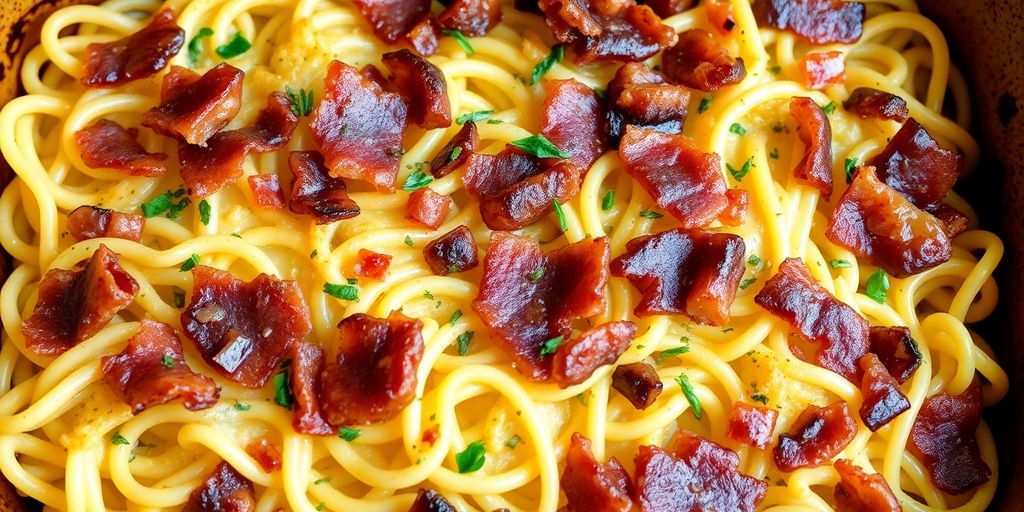 Herzhafter Spätzleauflauf mit Speck und Zwiebeln auf dem Tisch.