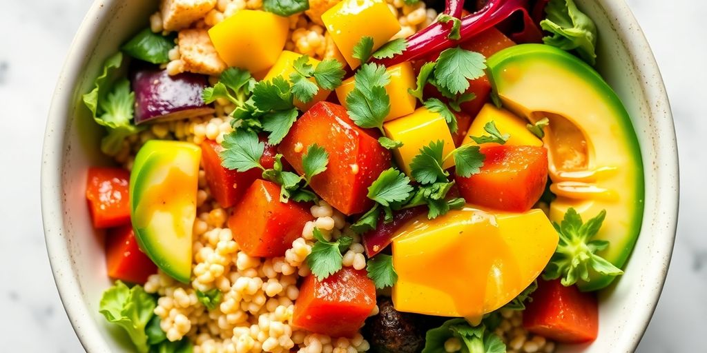 Buddha Bowl mit bunten Zutaten und frischen Kräutern.