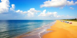 Strand an der niederländischen Küste mit Sonnenschirmen.