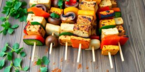 Bunte vegane Schaschlik-Spieße auf einem Tisch.