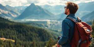 Abenteurer in der Natur mit Rucksack und Kamera.