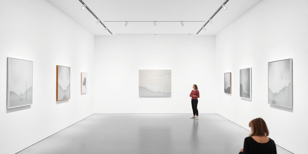 Minimalistische Kunstgalerie mit eleganten, zurückhaltenden Kunstwerken.