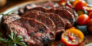 Gegrillte Rinderhüfte mit Ofengemüse auf einem Teller.