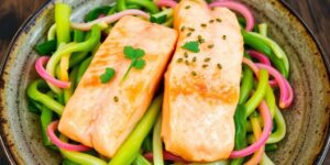 Gebratener Chinakohl mit Lachs auf einem Teller.