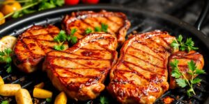 Saftige Nackensteaks auf dem Grill mit frischen Kräutern.