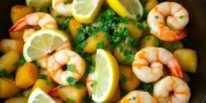 Leckere Kartoffelpfanne mit Shrimps und frischen Kräutern.