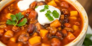 Herzhaftes Chili sin Carne in einer Schüssel