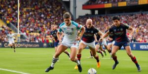 Aktive Spieler im Wettkampf während eines Fußballspiels.