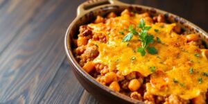 Süßkartoffel-Quinoa-Auflauf in einer Auflaufform.