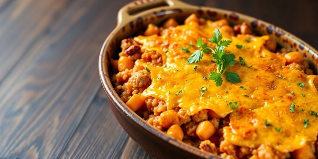Süßkartoffel-Quinoa-Auflauf in einer Auflaufform.