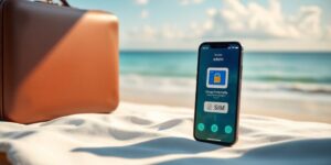 Luxuriöser Urlaub mit eSIM und traumhaften Strand im Hintergrund.