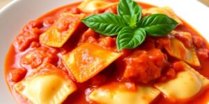 Ravioli in Tomatensauce mit frischem Basilikum.