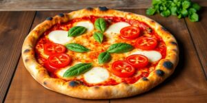 Neapolitan pizza mit frischem Basilikum und Mozzarella.