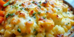 Käse über einem köstlichen Blumenkohl Auflauf.