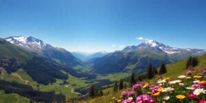 Sommerliche Alpenlandschaft mit grünen Tälern und schneebedeckten Gipfeln.