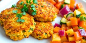 Leckere Gemüsebratlinge auf einem bunten Teller.