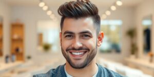 Mann mit vollem Haar und Selbstvertrauen im Salon.