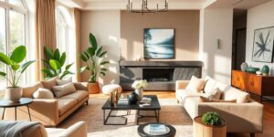 Stylishes Wohnzimmer mit modernen Möbeln und Pflanzen.