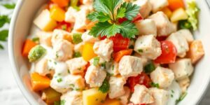 Bunte Schüssel mit Geflügelsalat und Joghurt.