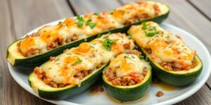 Überbackene Zucchini mit Hackfleisch und geschmolzenem Käse.
