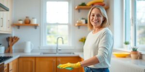 Helle, moderne Küche mit lachender Haushaltshilfe.