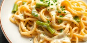Käsespätzle, Lauch, Weinsoße, vegetarisches Gericht