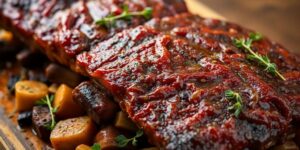 Herzhafte Rippchen mit Gemüse auf einem Teller.