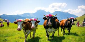 Festlich geschmückte Kühe am Tegernsee.