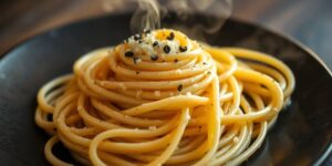 Cacio e Pepe auf dunklem Teller