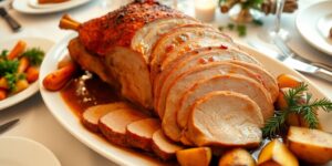 Klassischer Kalbsbraten mit Beilagen auf Festtafel.