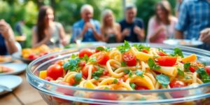 Bunter Nudelsalat in Schüssel, fröhliche Partyatmosphäre.