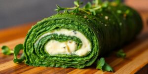 Grüne Spinatroulade mit Käse und Kräutern angerichtet.