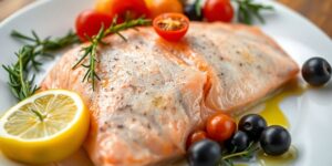 Gebratene Lachsforelle mit mediterranen Kräutern und Zitronenspalten.