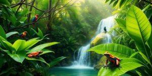 Üppiger Regenwald, leuchtende Frösche, tropische Vögel