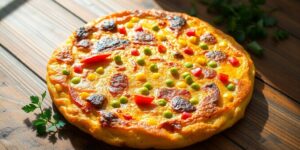 Bunte Gemüsetortilla auf rustikalem Holztisch