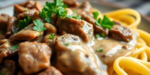 Köstliches Boeuf Stroganoff Gericht