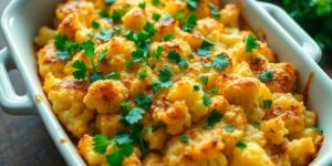 Blumenkohlauflauf mit Petersilie auf Holztisch