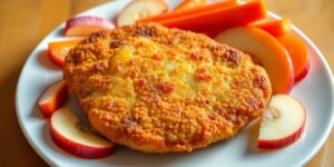 Schweineschnitzel mit Möhren und Apfel auf Teller angerichtet.